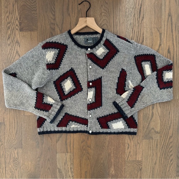 Vintage Geometric Crew Neck Cardigan Sweater Grey, Navy, Red, Cream Petite Small - Picture 2 of 8
